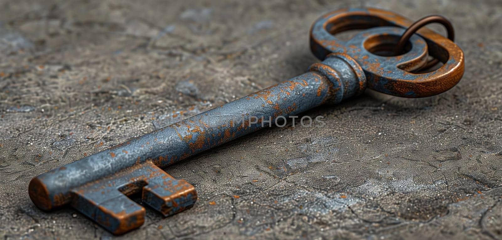 An old rusty key made of steel is lying on the ground, surrounded by wood, gas, auto parts, composite materials, nickel, pipes, and other household hardware