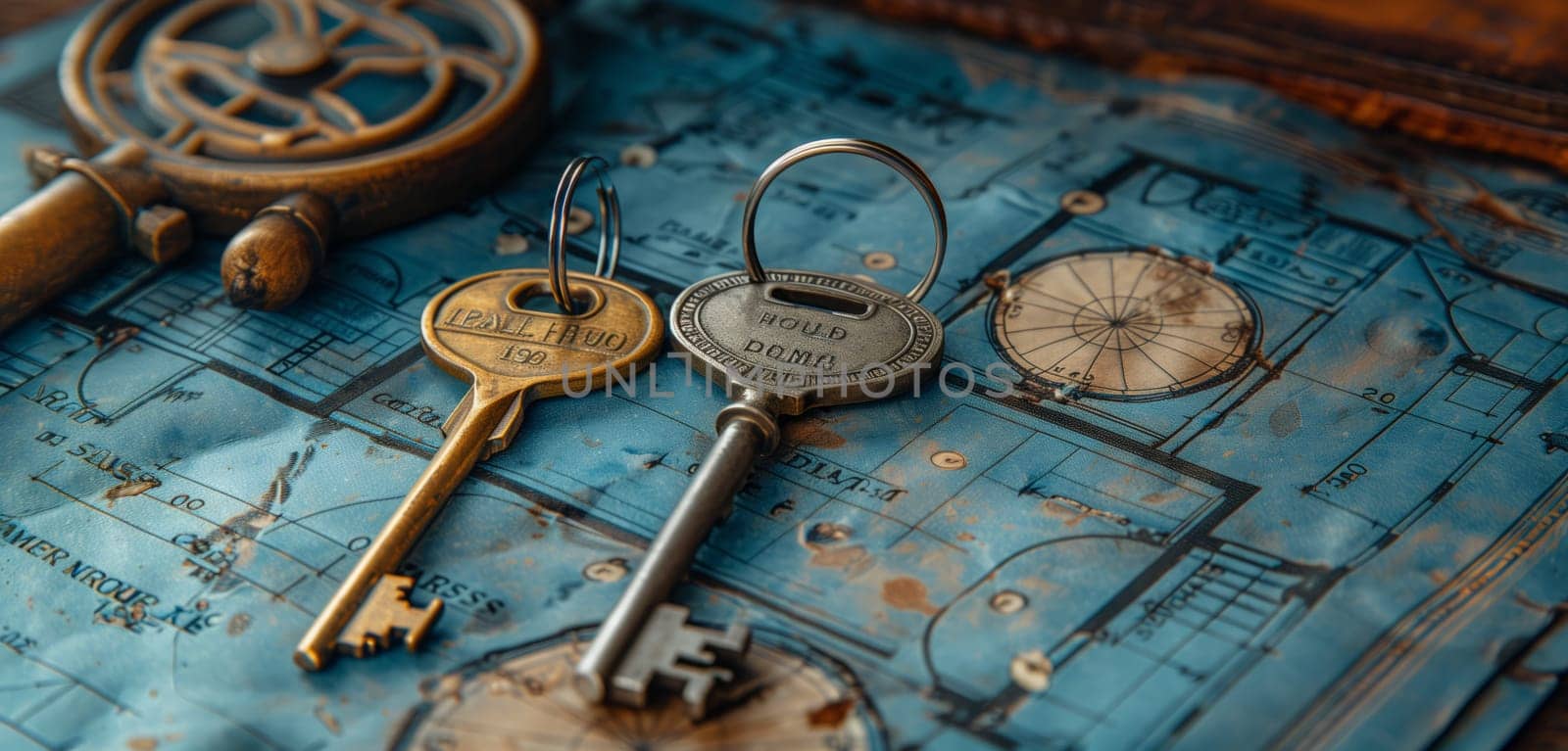 Three keys are positioned on a blue map, surrounded by Gas, Wood, Metal, Electric blue accents. The keys are intricately designed with a steel pattern, adding an artistic touch to the display