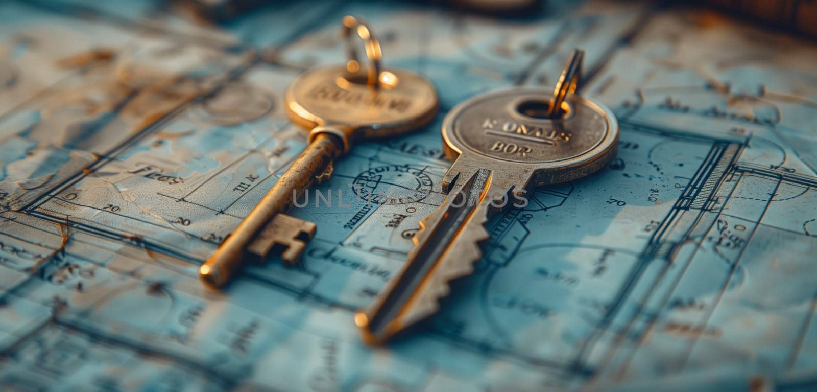 Two keys resting on a blueprint surrounded by a water landscape, wood table, and metal fashion accessories. A circle event for recreation and jewelry design