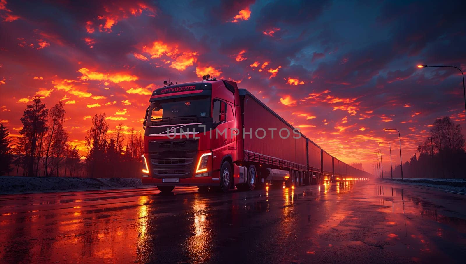 A red semi truck drives on a wet road at sunset, with the sky painted in shades of orange and pink. Automotive lighting reflects on the water, creating a mesmerizing display of colors