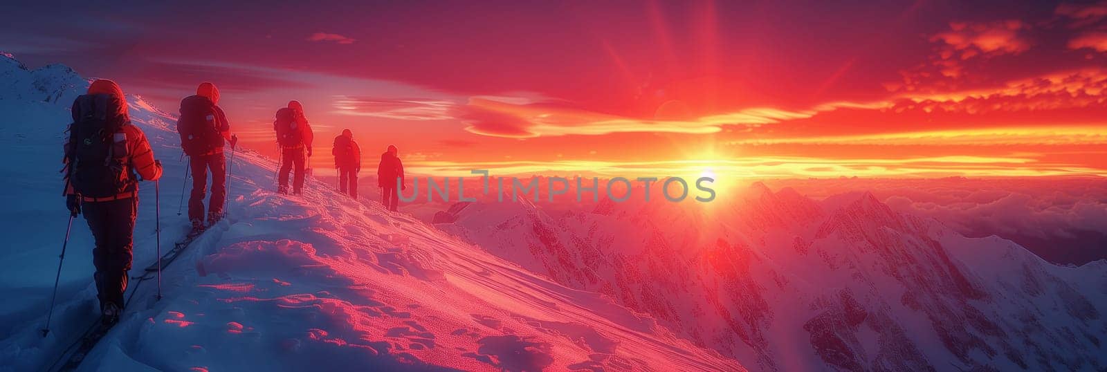 As the group of people walked on the snowy hill, the orange afterglow painted the sky in shades of red, creating a beautiful natural landscape at dusk