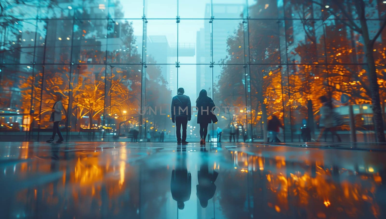 A man and woman stand by a large window, overlooking the electric blue cityscape by richwolf