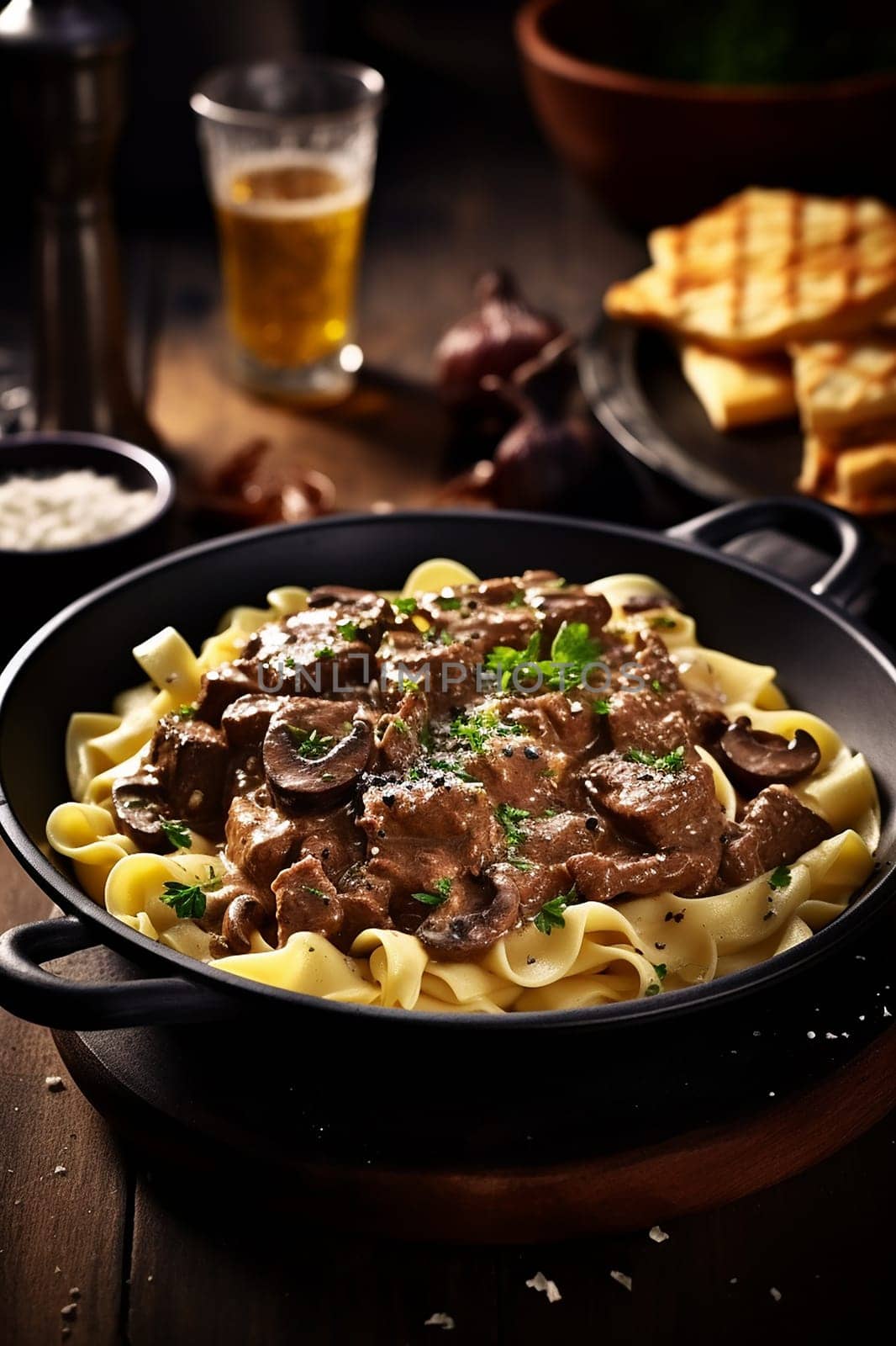 Savory beef stroganoff served over noodles garnished with parsley, paired with bread and beer.