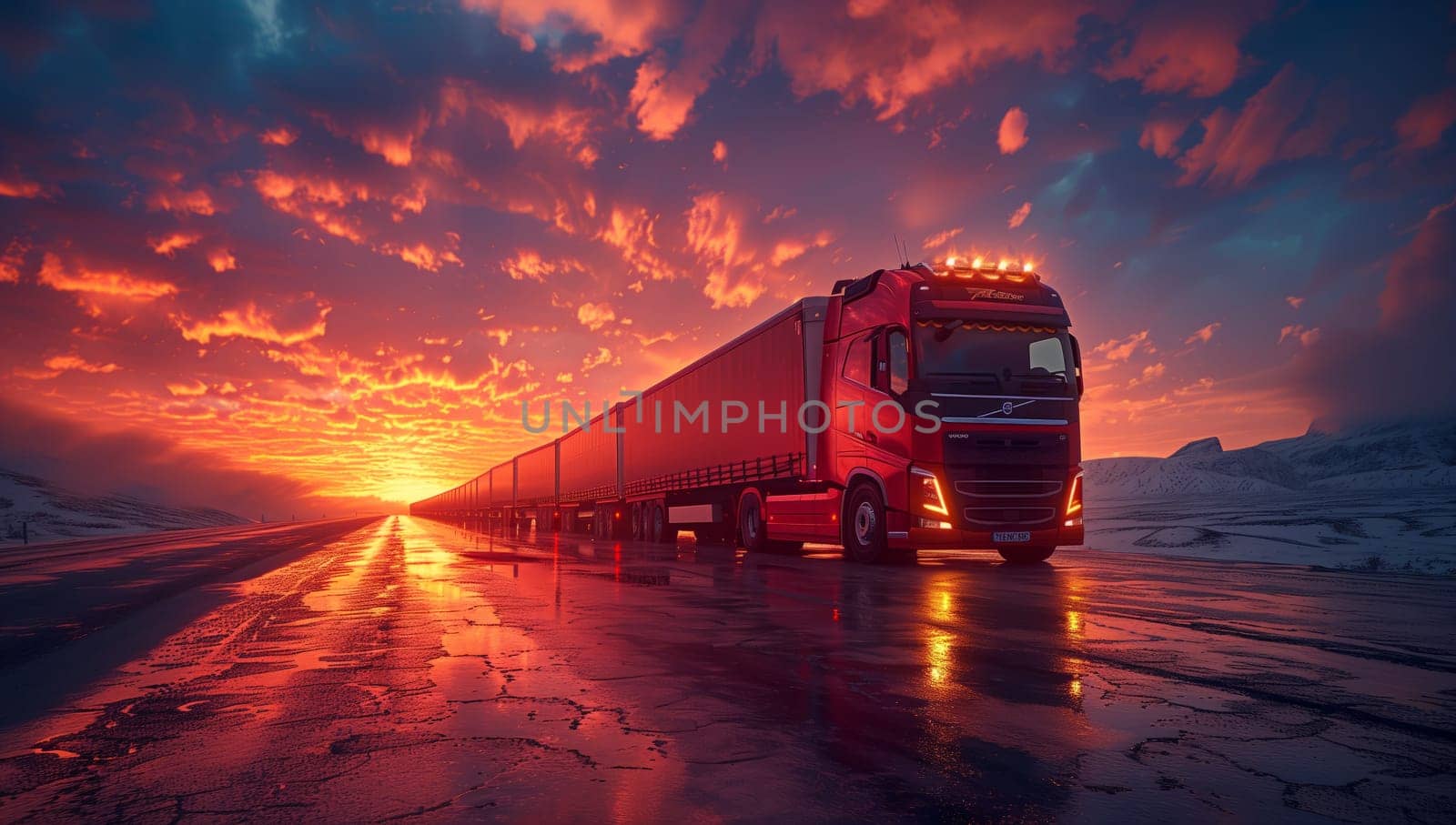 A red semi truck is traveling down a wet road under a colorful sunset sky, resembling a rolling stock on a railway journey through the landscape