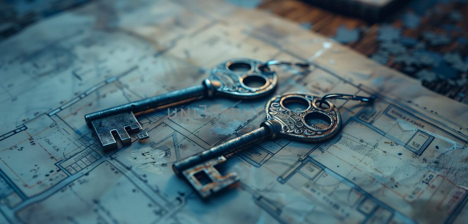 Two keys are elegantly placed on a vibrant map, with an electric blue water pattern. This artistic macro photography showcases a fashionable event backdrop