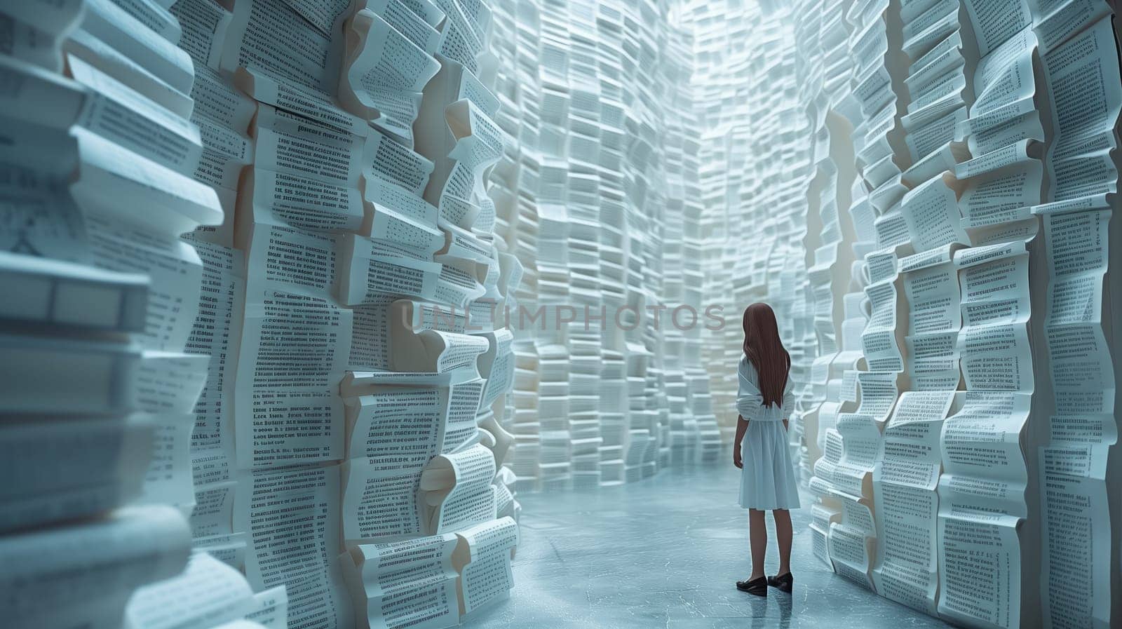 A woman in a white dress stands in a hallway filled with boxes in a building by richwolf