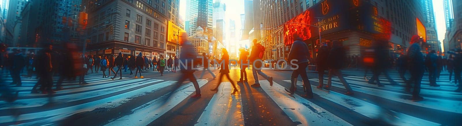 A blurred image captures a crowd of people walking down an electric blue city street at sunset, filled with leisure and travel vibes