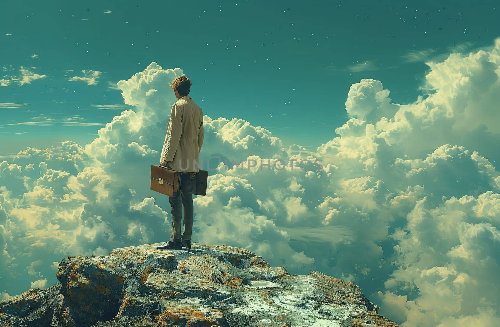 A man stands atop a mountain observing the clouds, surrounded by a stunning natural landscape. His gesture reflects awe and wonder as he gazes at the sky and horizon