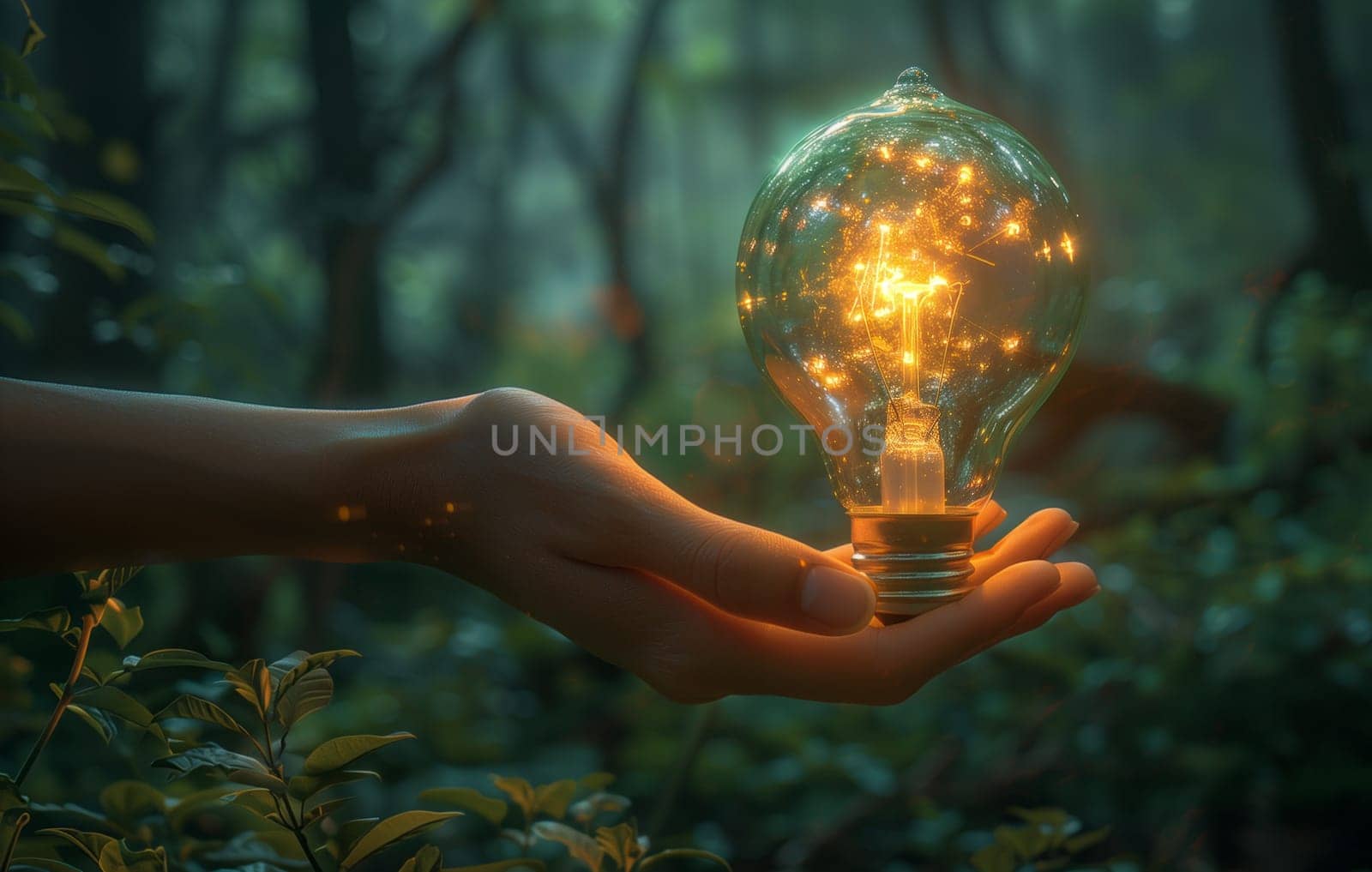 A person is standing in the forest holding a glowing light bulb, surrounded by terrestrial plants, trees, and grass. The glass bulb symbolizes art and creativity in nature