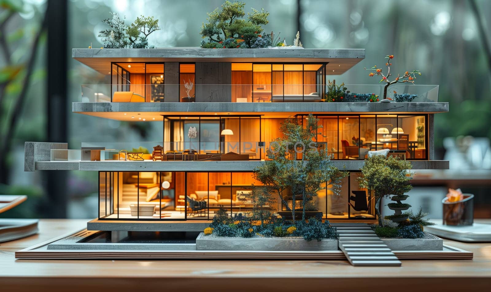 A model of a modern house with urban design elements like asphalt, plants, windows, and a tree landscape is displayed on a table