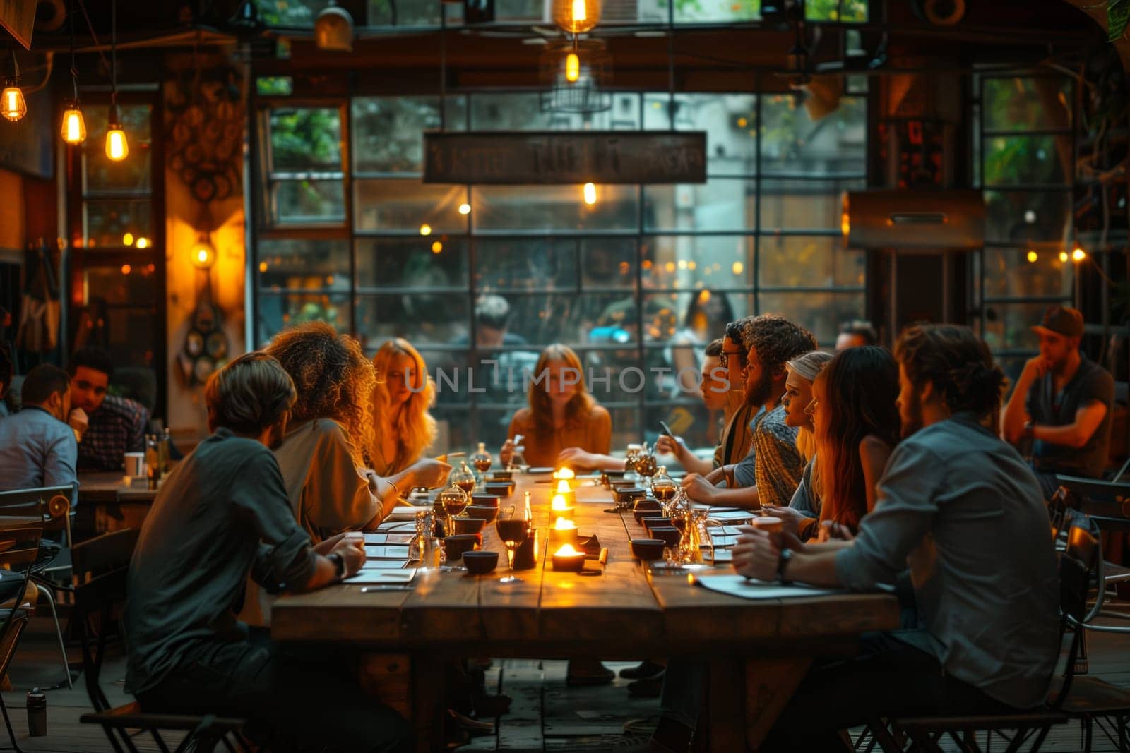 A group of people are sharing a fun event at a long table in a restaurant in the city, surrounded by darkness and building, sitting on chairs and using tableware