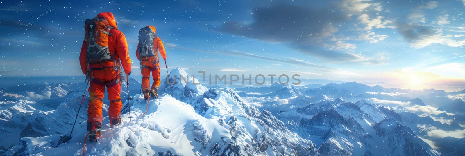 Two individuals are standing in the midst of a snowy landscape on a mountain top, under a cloudy sky, surrounded by ice caps and cumulus clouds