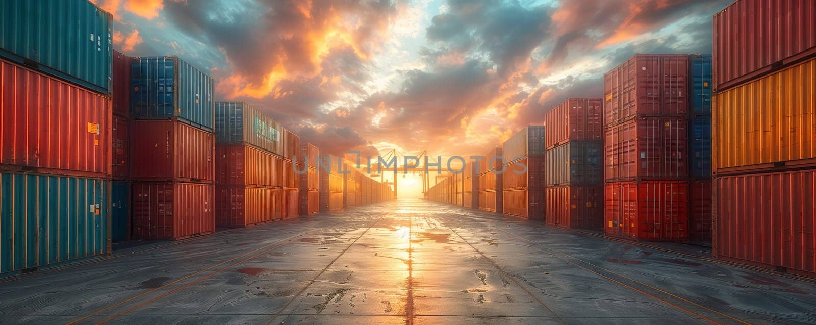 The sun breaks through the clouds, casting shadows over the shipping containers in a picturesque natural landscape