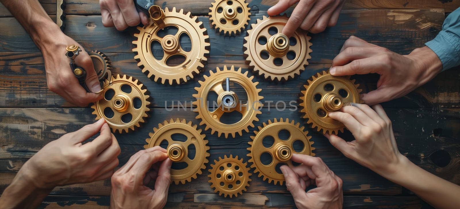 A group of people are assembling gears on a wooden table, preparing for a culinary event. The table is covered with electric blue dishes and ingredients for a plantbased recipe