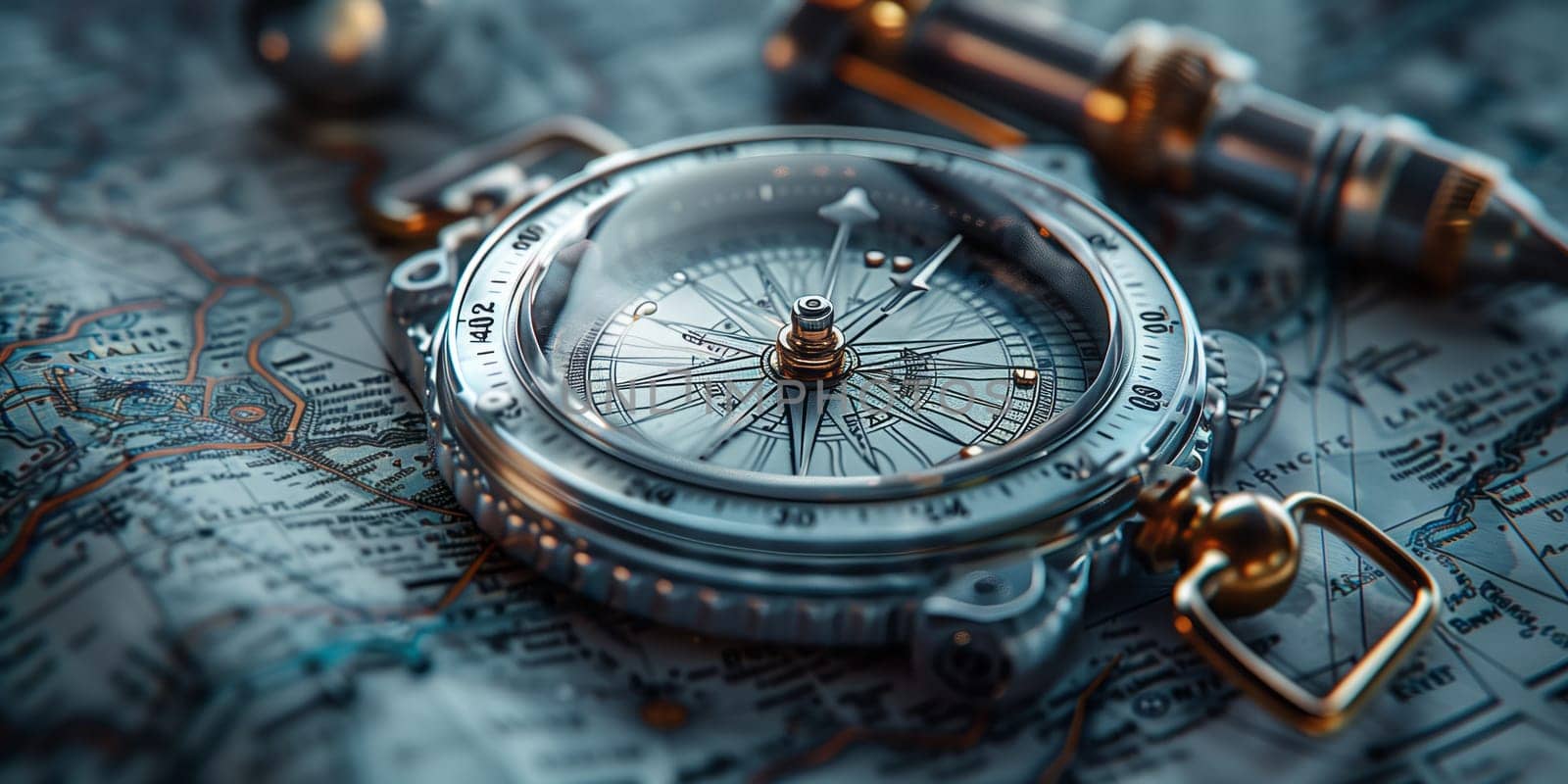 An antique compass rests on a vintage map, surrounded by other items like a gas clock, metal auto part, nickel jewellery, and fashion accessories made from natural materials