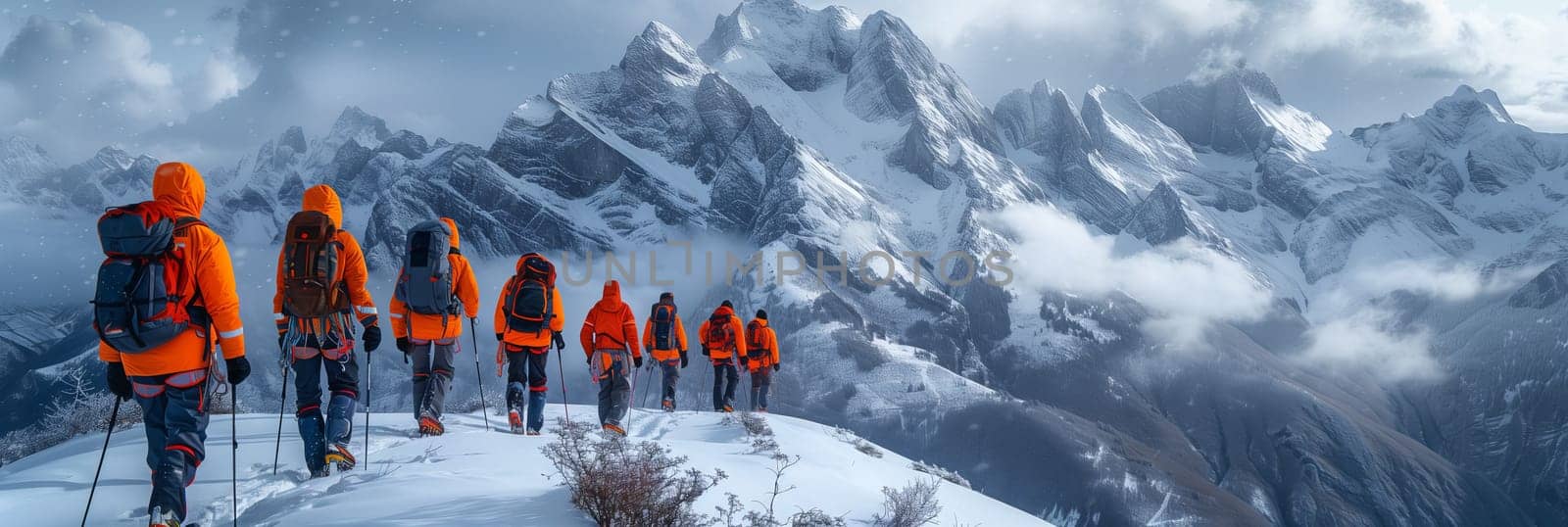Group traversing snowy mountain slope under cloudy sky by richwolf