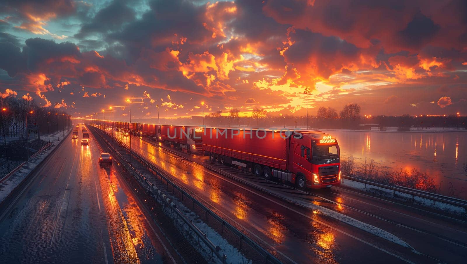 A red truck is traveling down the highway at sunset, with the sky filled with colorful clouds. The automotive lighting illuminates the asphalt as the vehicle rolls along towards dusk