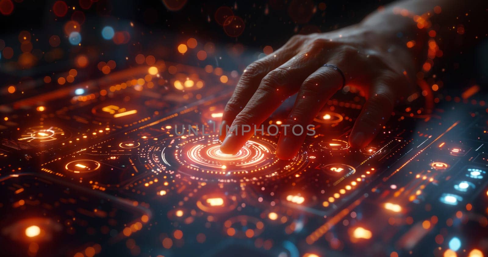 A hand presses a button on a futuristic screen in a dark space by richwolf