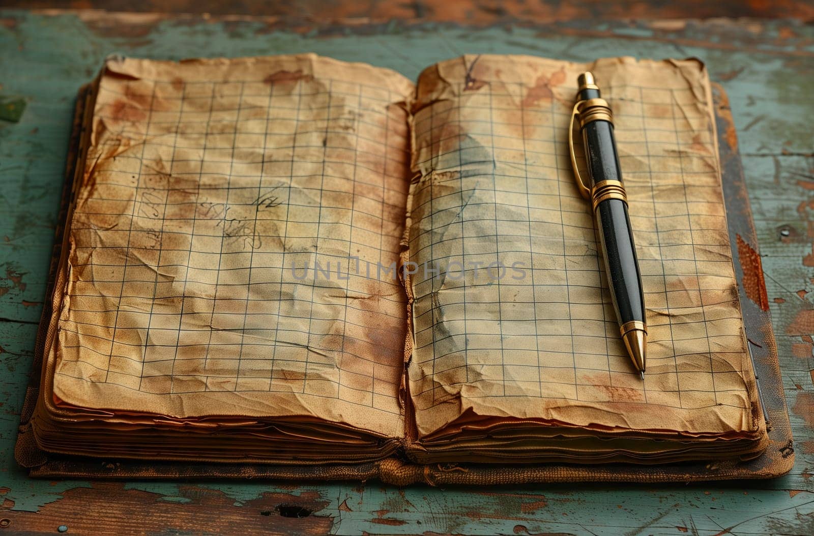 A wooden pen is resting on an open rectangular recipe book filled with delicious cuisine dishes, ingredients, and food fonts