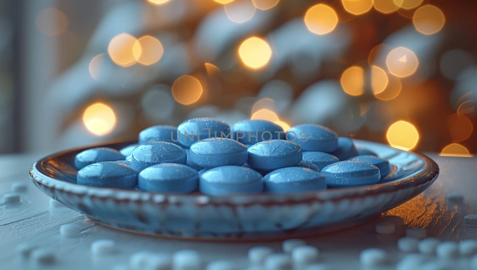 A circle of electric blue pills on a dishware in a closeup shot with Christmas lights in the background, resembling a piece of unique jewellery in a macro photography composition