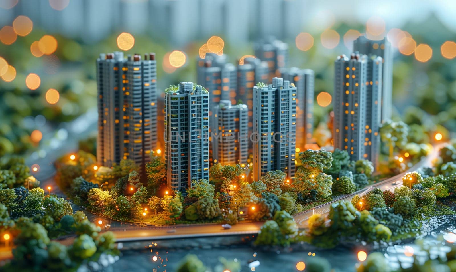 A city with skyscrapers, tower blocks, and condominiums surrounded by a natural landscape of trees. The urban design blends buildings with the world of nature, creating a unique cityscape