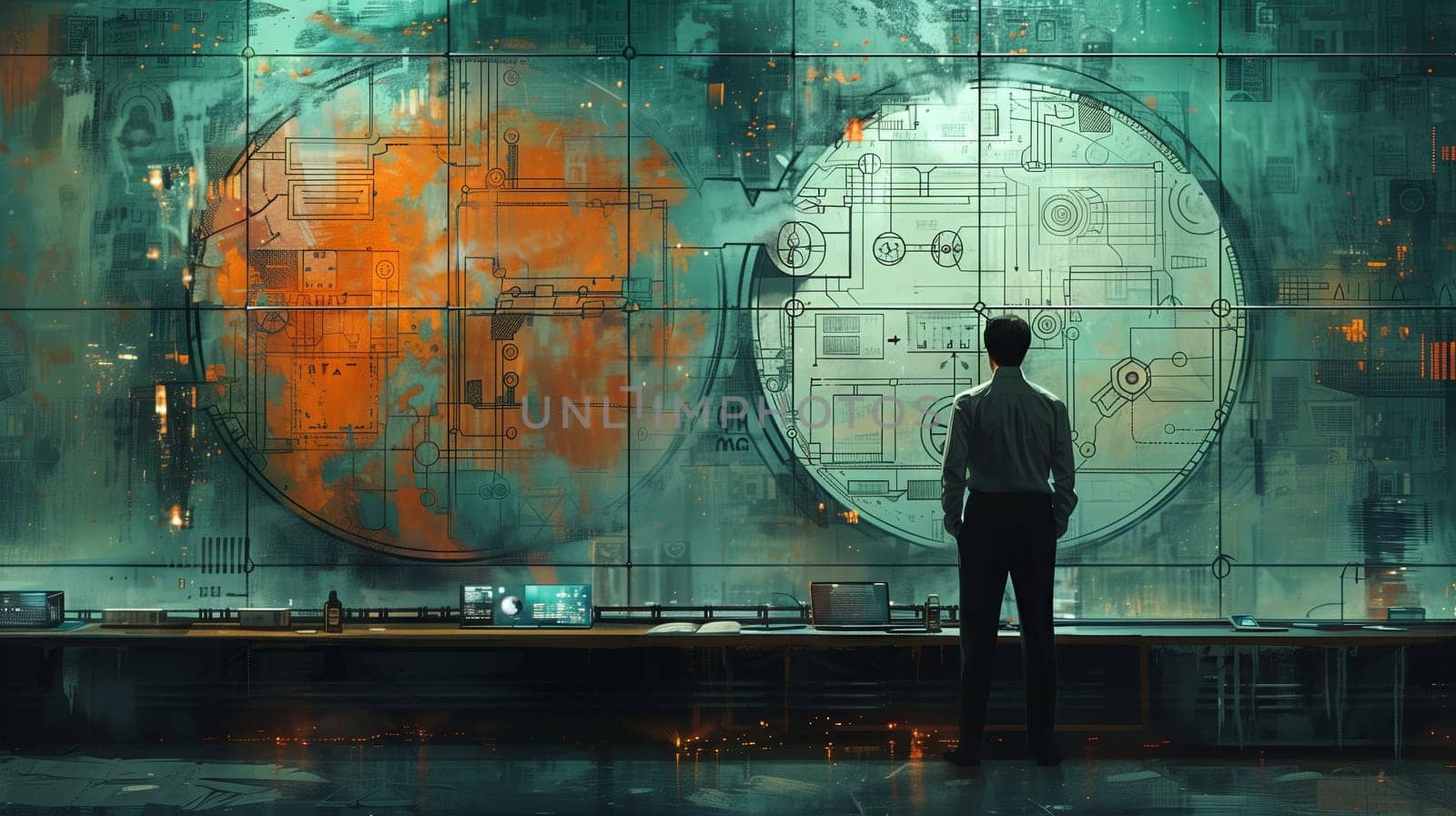 a man is standing in front of a large screen looking at a map of the world by richwolf