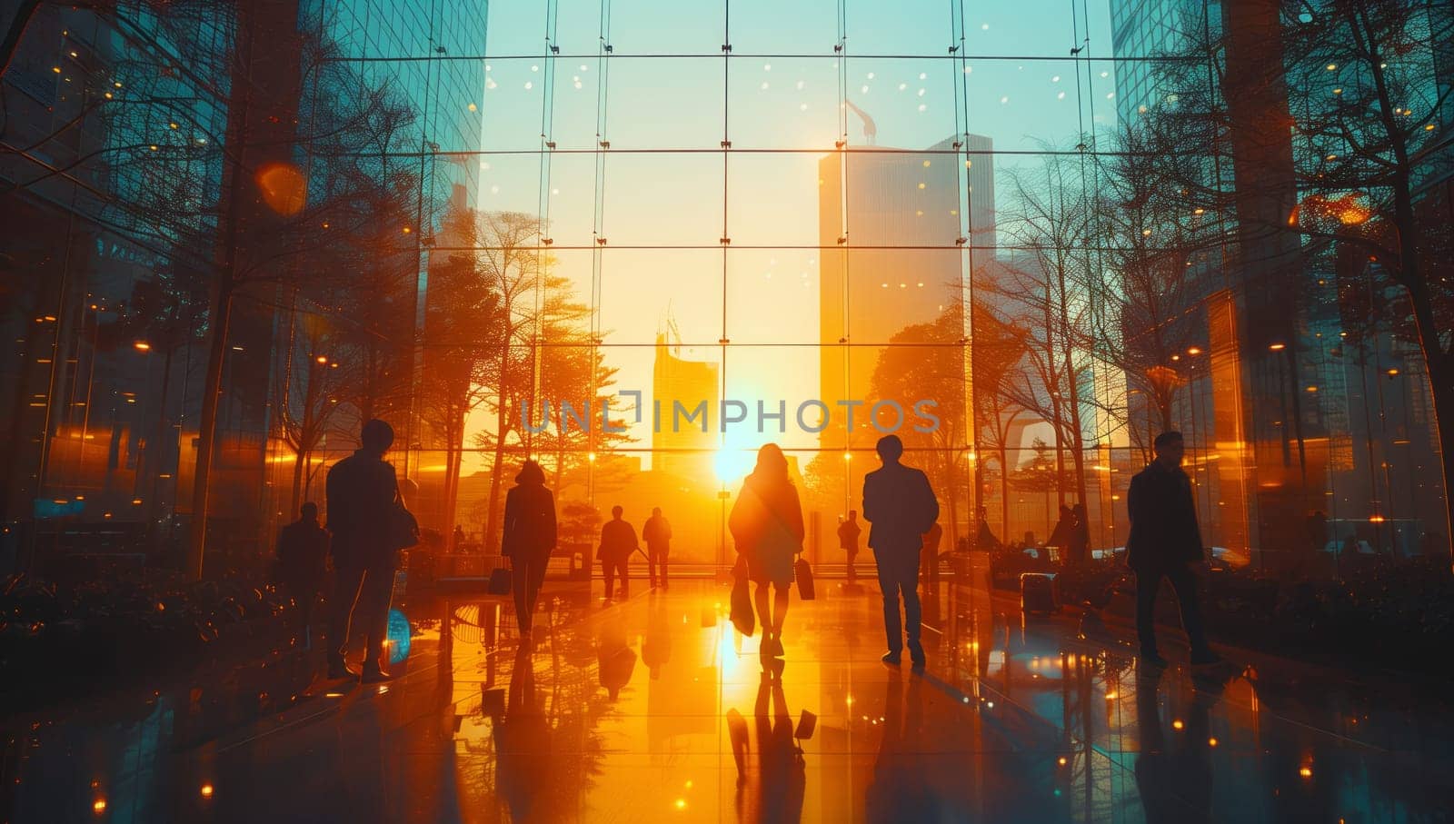 A group of people stroll through a building with the warm sunset creating a striking atmosphere. The sky is painted with hues of orange and pink, reflecting on the water nearby