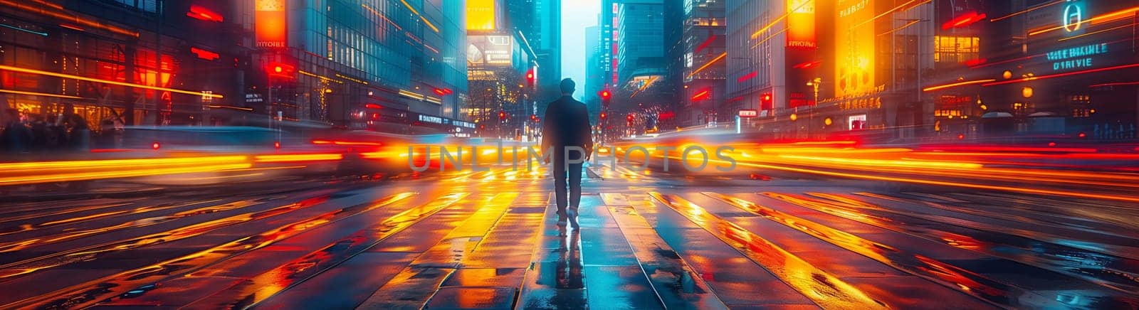 An artistic photo of a person strolling down a city street at night, with electric blue lights reflecting on the glass buildings, creating a mesmerizing pattern of symmetry in shades of magenta