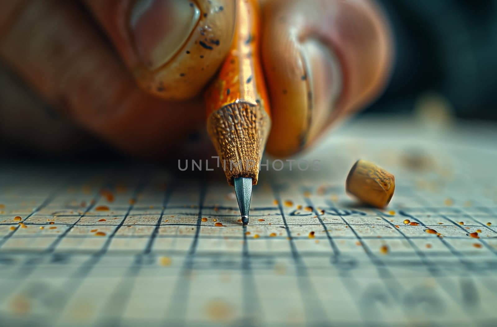Creating art on a hardwood flooring piece using a pencil, focusing on intricate patterns. Closeup view of a persons wrist holding the pencil