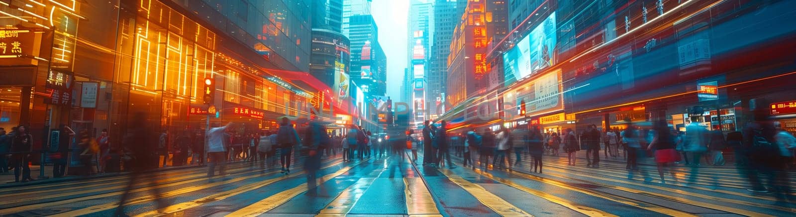 An eventful night in the city as a blurry picture captures a crowd of people in electric blue and magenta colors walking down the road, enjoying leisure and recreation