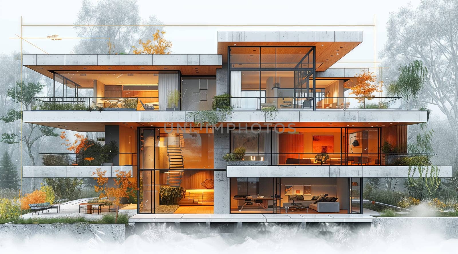 Modern house with numerous windows and balconies, nestled among trees by richwolf