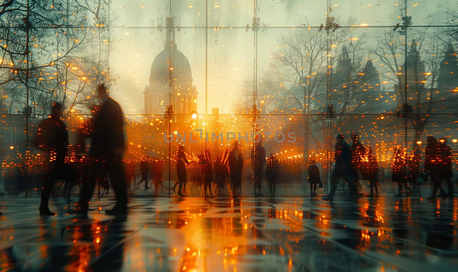 A group of people are walking in the rain, admiring the reflection of the building in the wetland. The sky is overcast, adding a sense of mystery to the natural landscape
