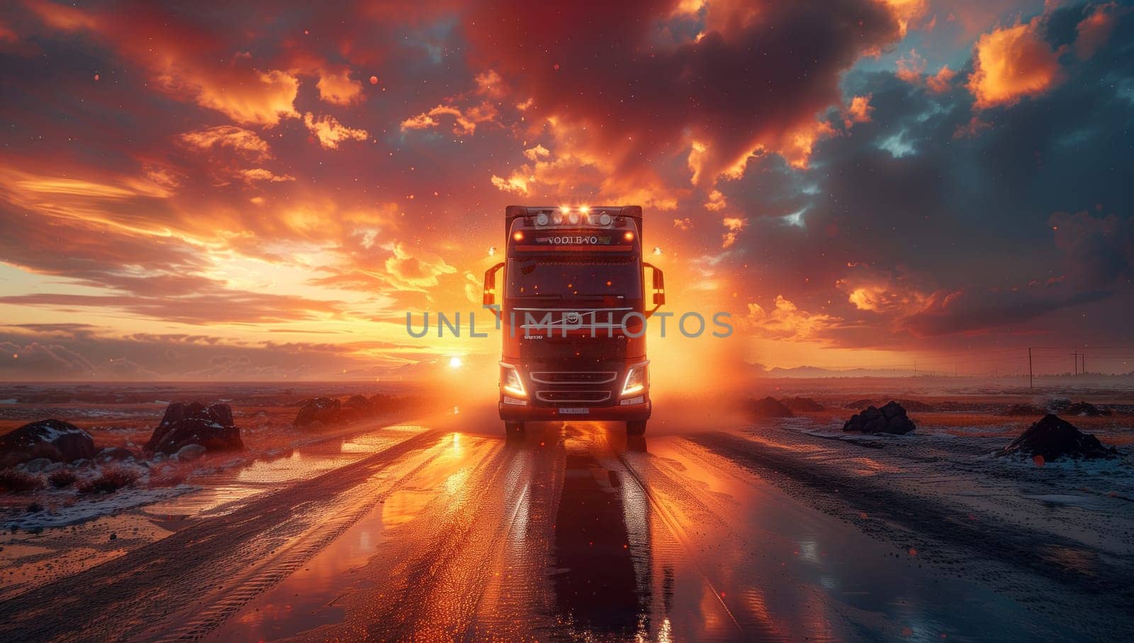 Truck navigating snowy road at sunset, beneath a colorful sky by richwolf