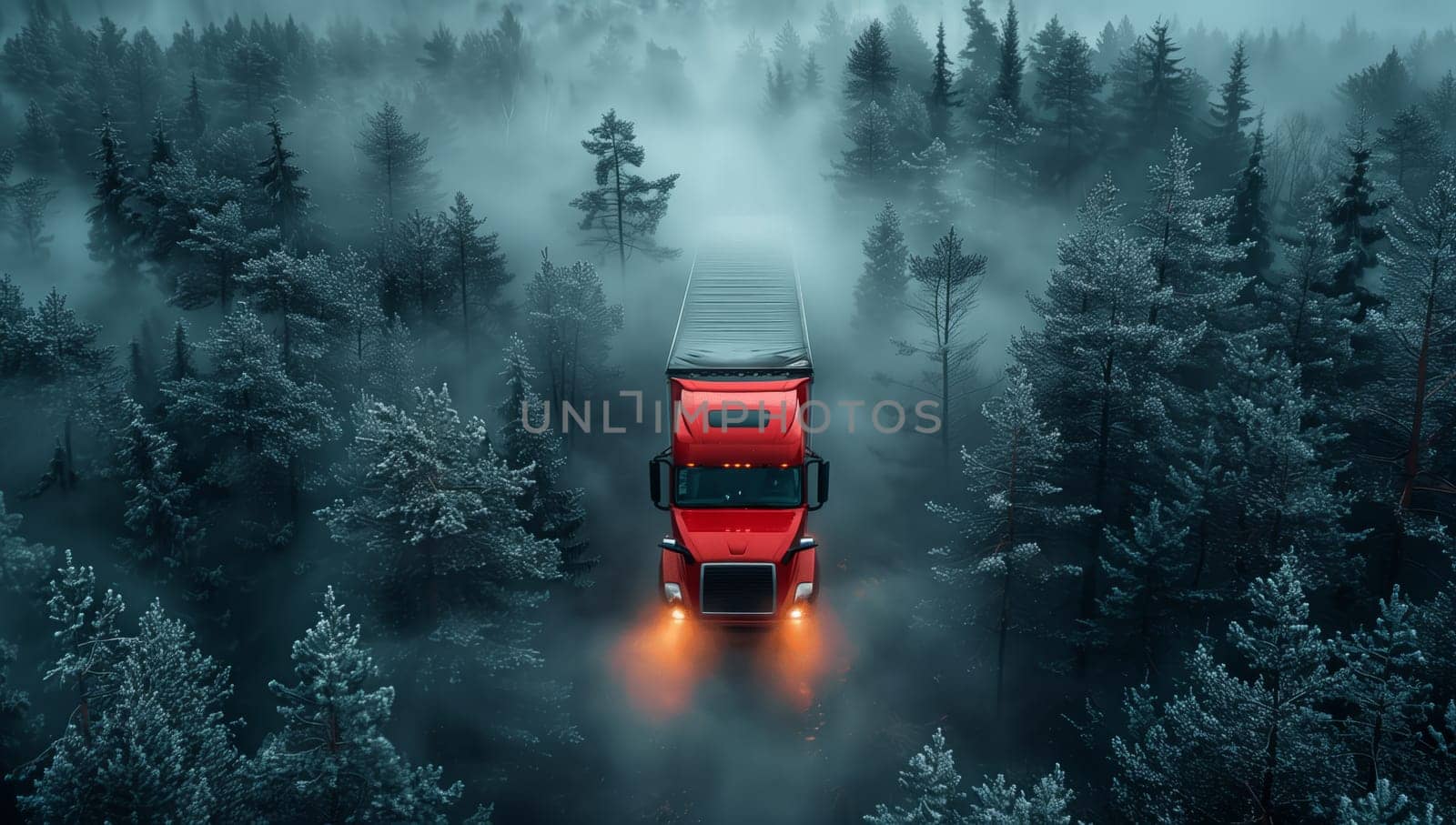 A red semi truck with automotive lighting is navigating through a foggy forest, surrounded by trees and natural landscape