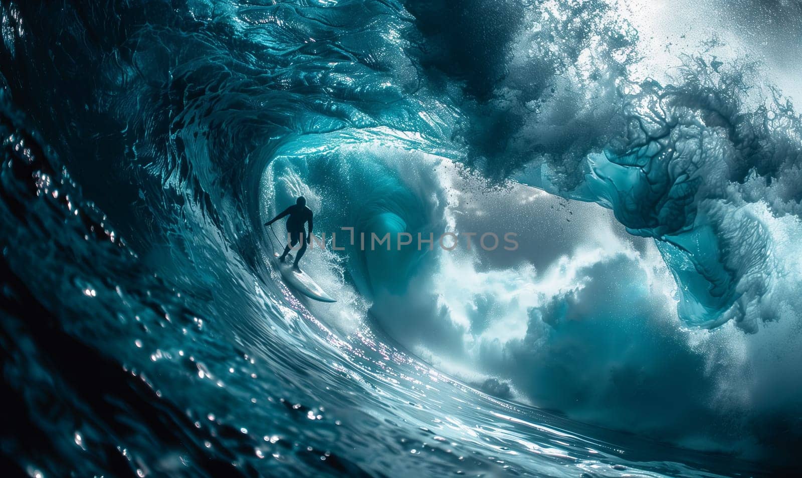 A surfer is riding a wind wave on the electric blue water of the ocean, against the backdrop of a clear sky. This extreme sport combines fluid movement and breathtaking landscape views