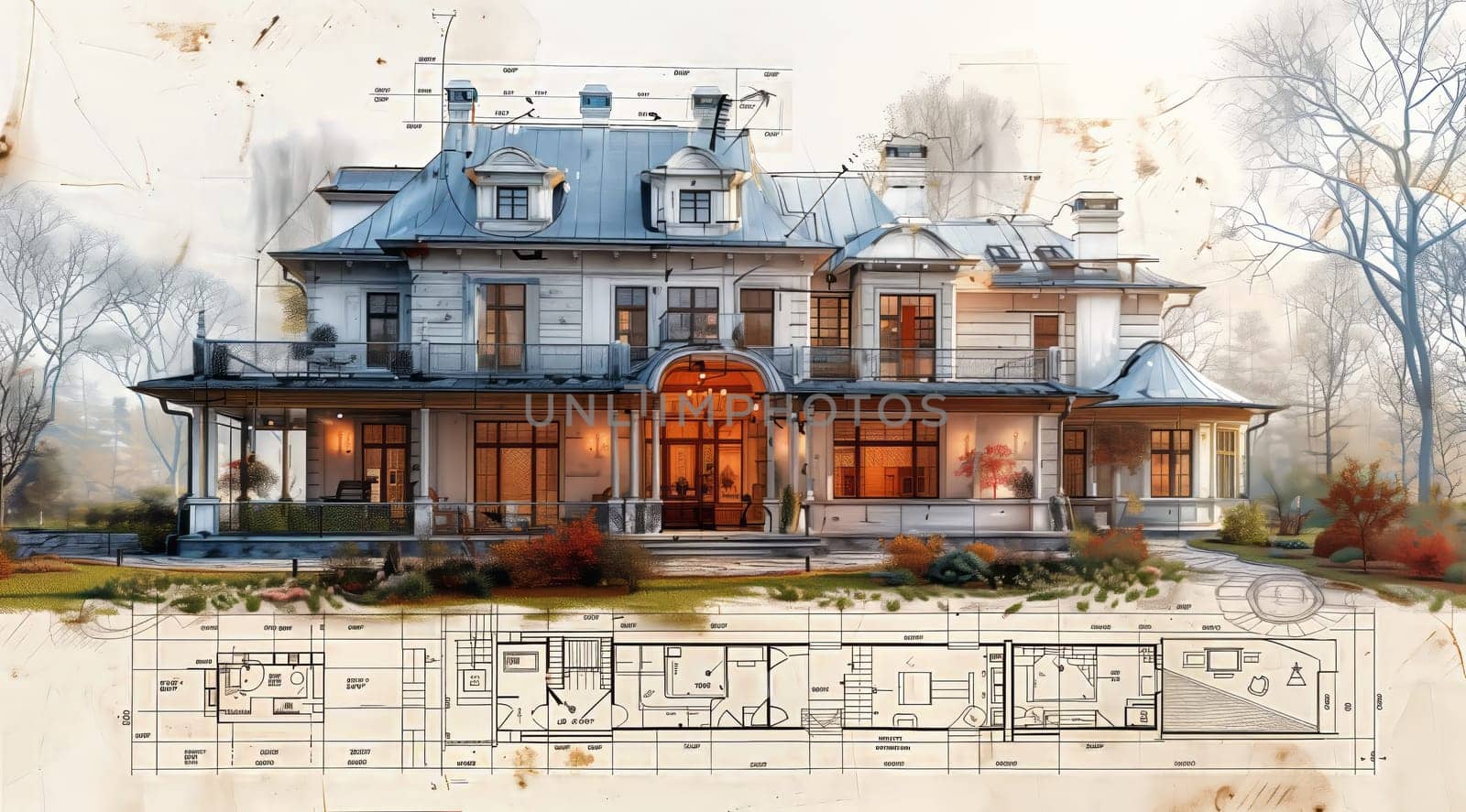 A grand building showcasing a beautiful facade rests on a blueprint. It overlooks a city skyline with a view of trees and plants, under a clear sky