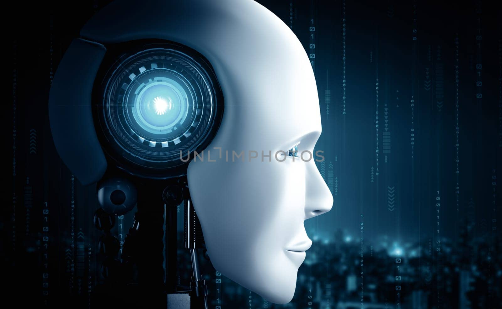 XAI 3d illustration Robot humanoid face close up with graphic concept of AI thinking brain , artificial intelligence and machine learning process for the 4th fourth industrial revolution. 3D rendering