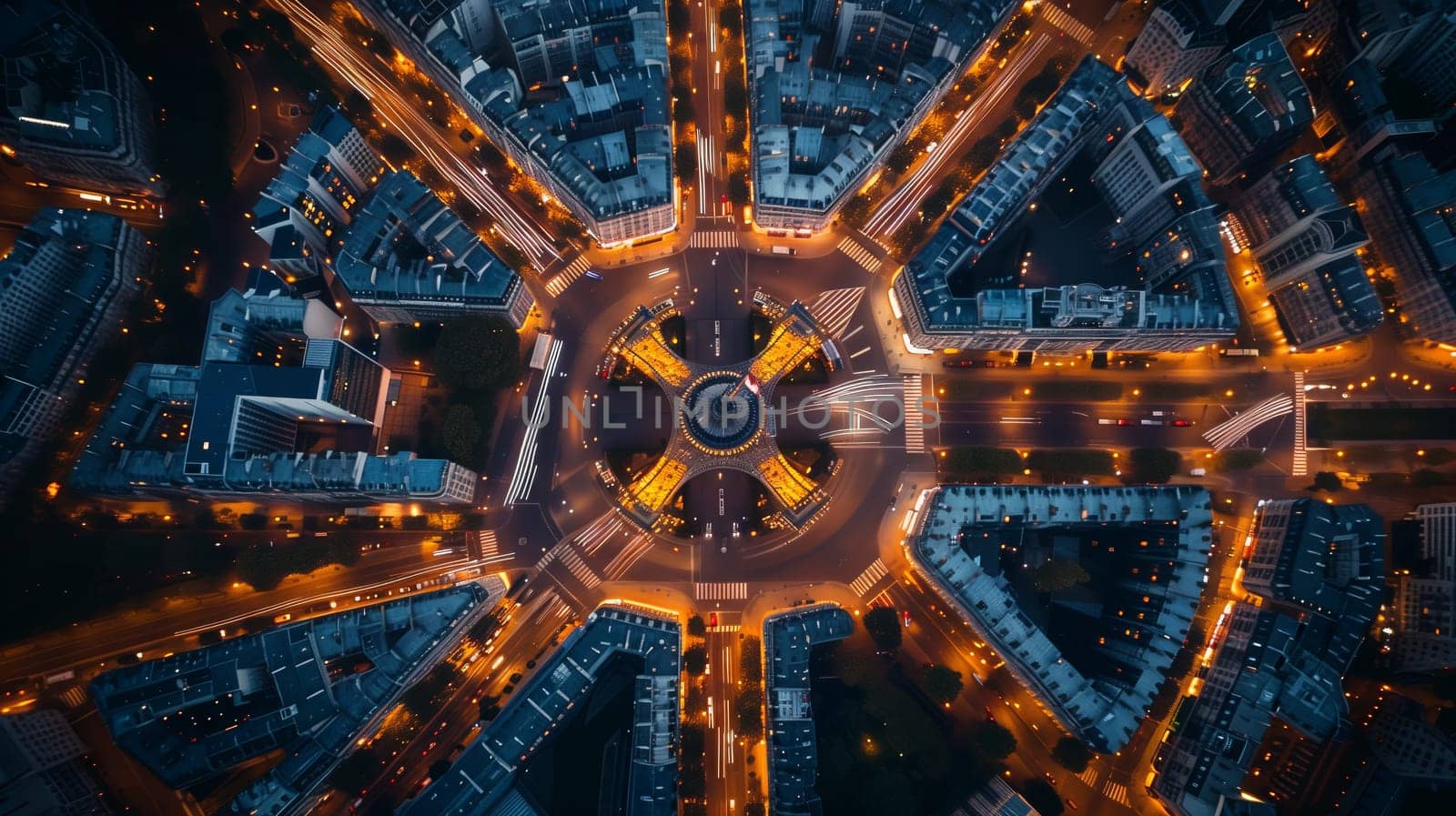 an aerial view of a city at night with a roundabout in the middle by richwolf