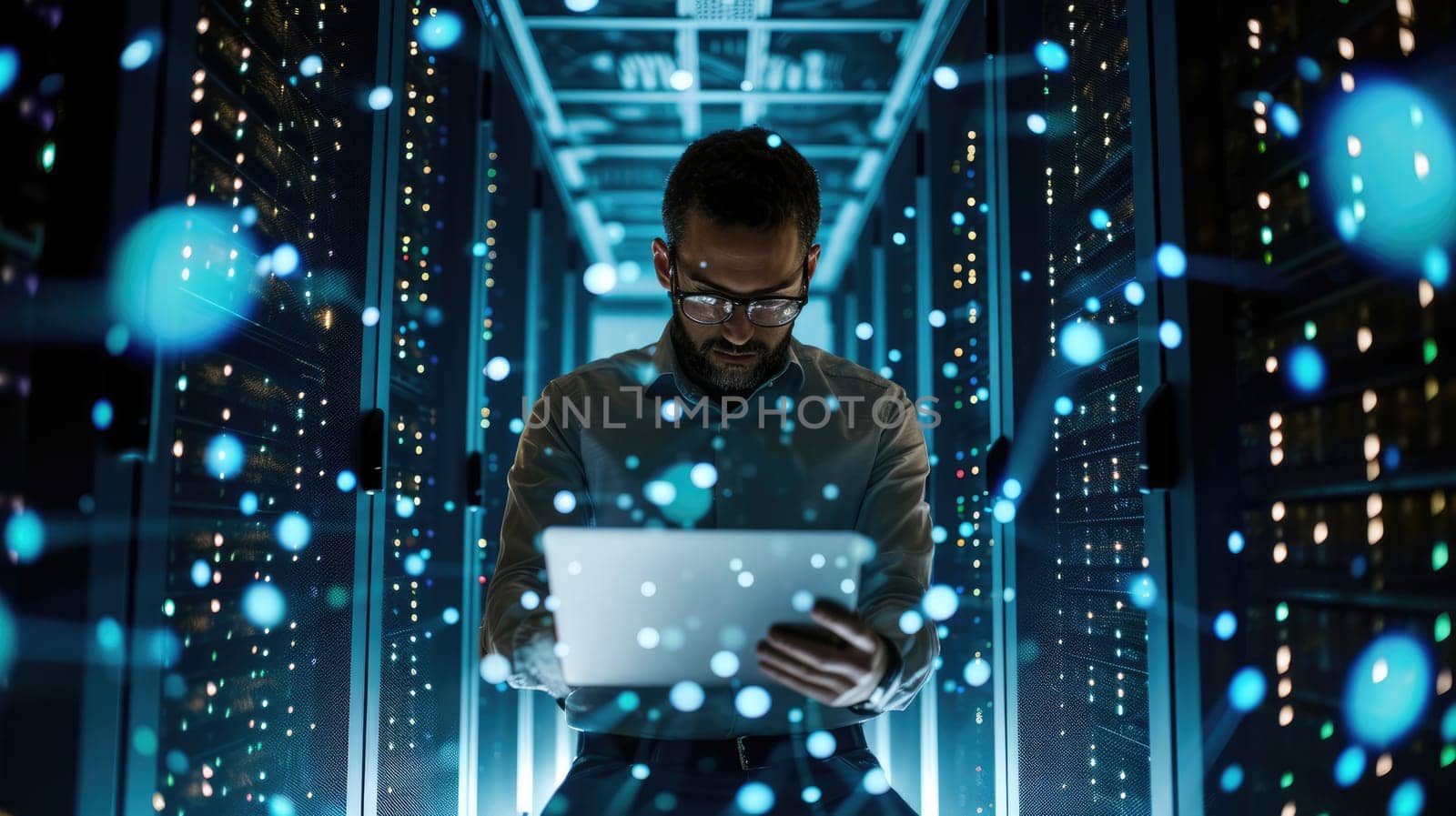 A man stands in a dark server room, gazing at a laptop, surrounded by electric blue technology, glass walls, and metallic machines. AIG41