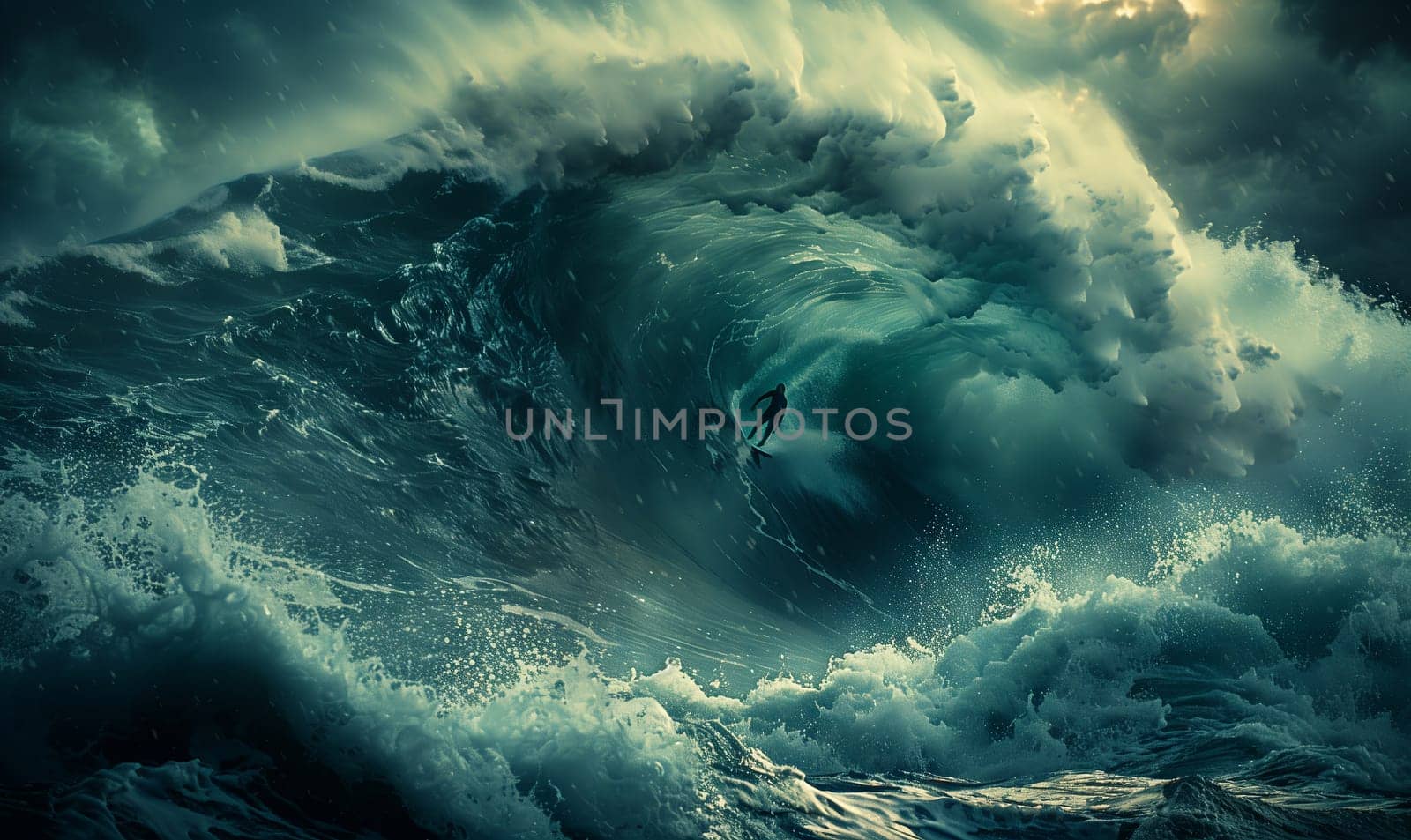 The person is surfing a wind wave in the ocean, surrounded by the fluid atmosphere and under a cloudy sky in the natural landscape