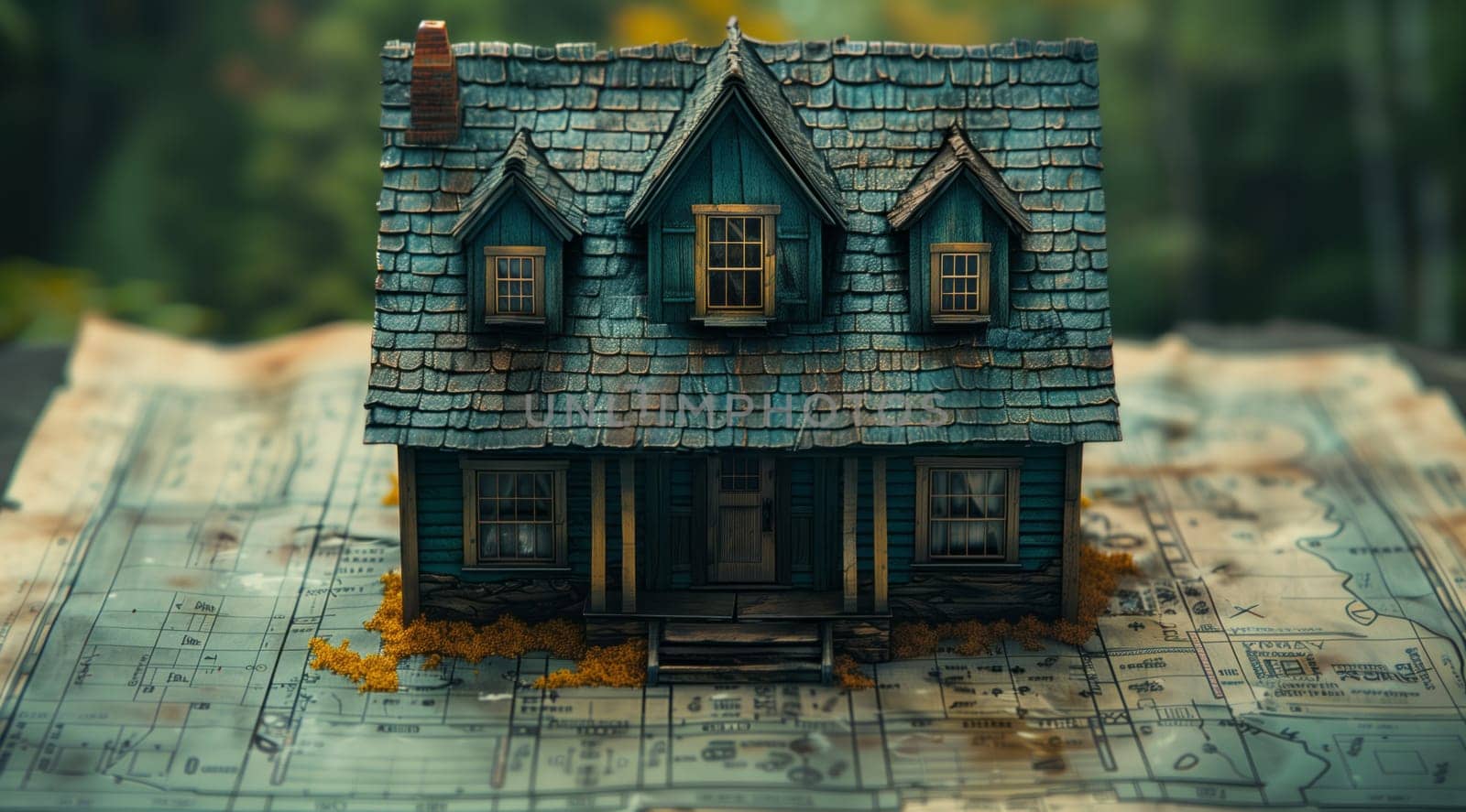 A small building model made of wood, with windows and a plant in front, sits on top of a blueprint in a landscaped setting with grass and water features, creating a picturesque facade