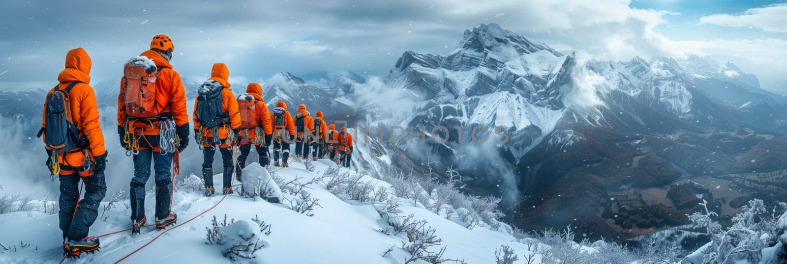 A group of people is trekking up a snowy slope on a glacial landform, surrounded by a freezing winter landscape. They are enjoying outdoor recreation on the icecapped mountain