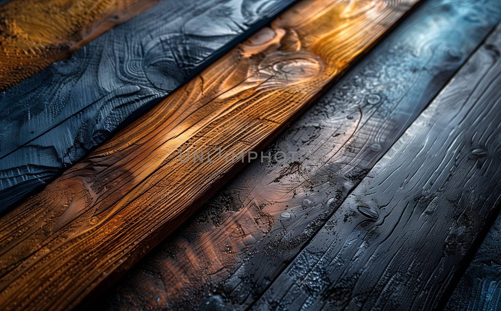 A close up of a colorful stack of hardwood planks, each stained with a different wood stain and varnished. The boards can be used for flooring, tables, or automotive exteriors