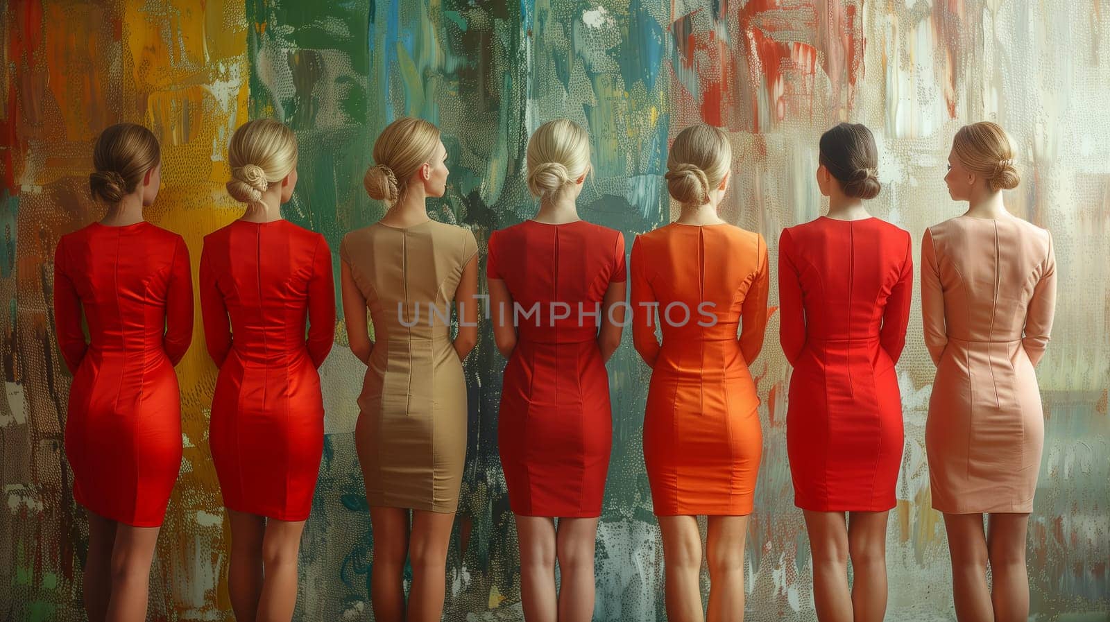 A group of women in red dresses are standing in front of a painting, showcasing the contrast between their elegant outfits and the vibrant artwork