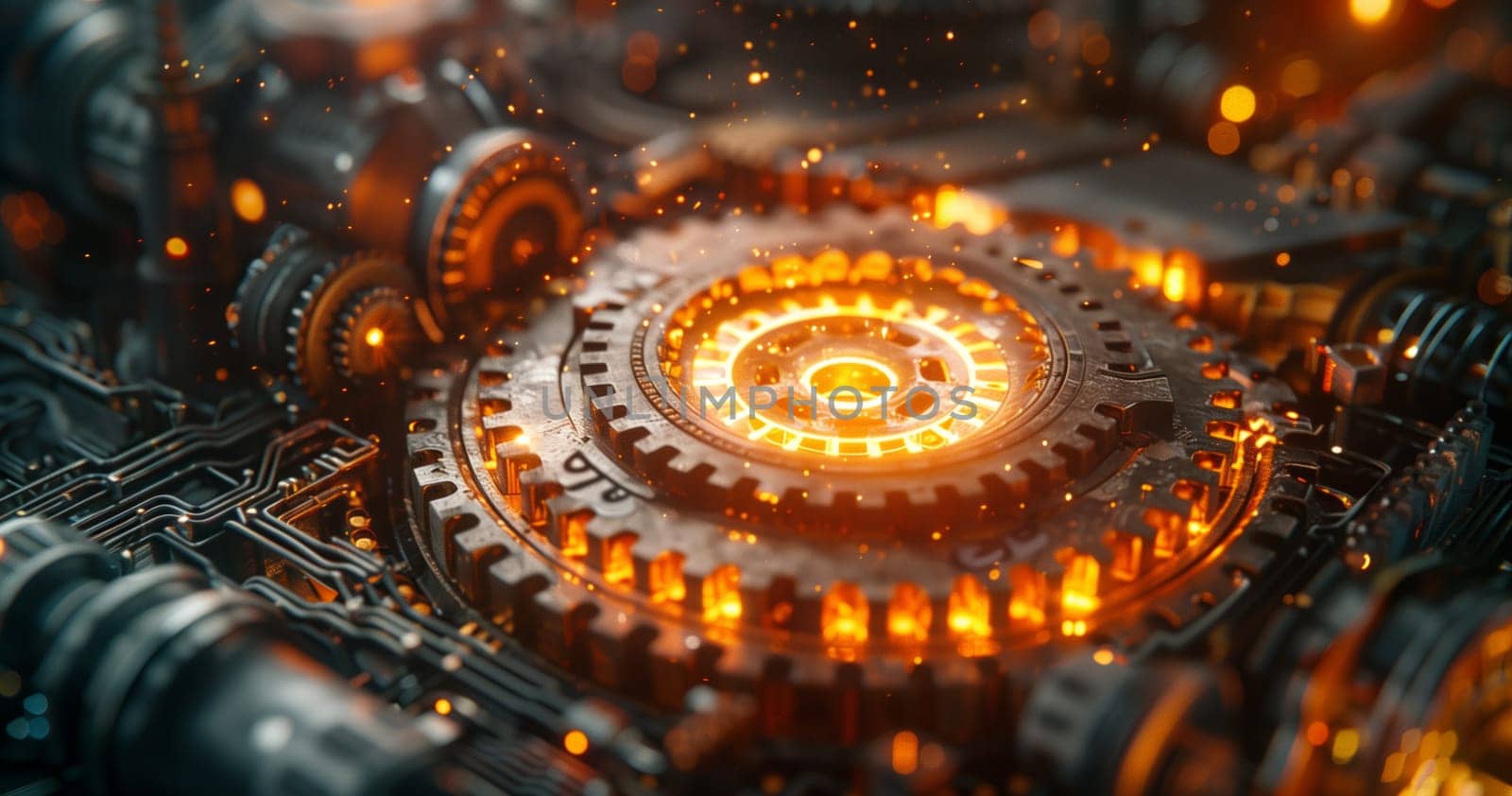 a close up of a machine with gears and a glowing center by richwolf