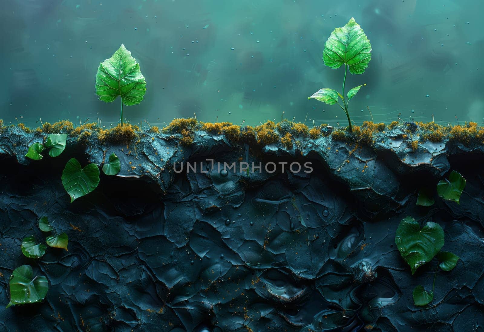 A small terrestrial plant is growing underwater in coastal and oceanic landforms. The green aquatic plant is similar to algae and coral, found among grasses in marine biology research
