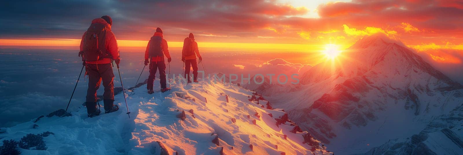 Three individuals stand atop a snowcovered mountain at sunset, surrounded by a breathtaking natural landscape as the sky transforms into shades of dusk