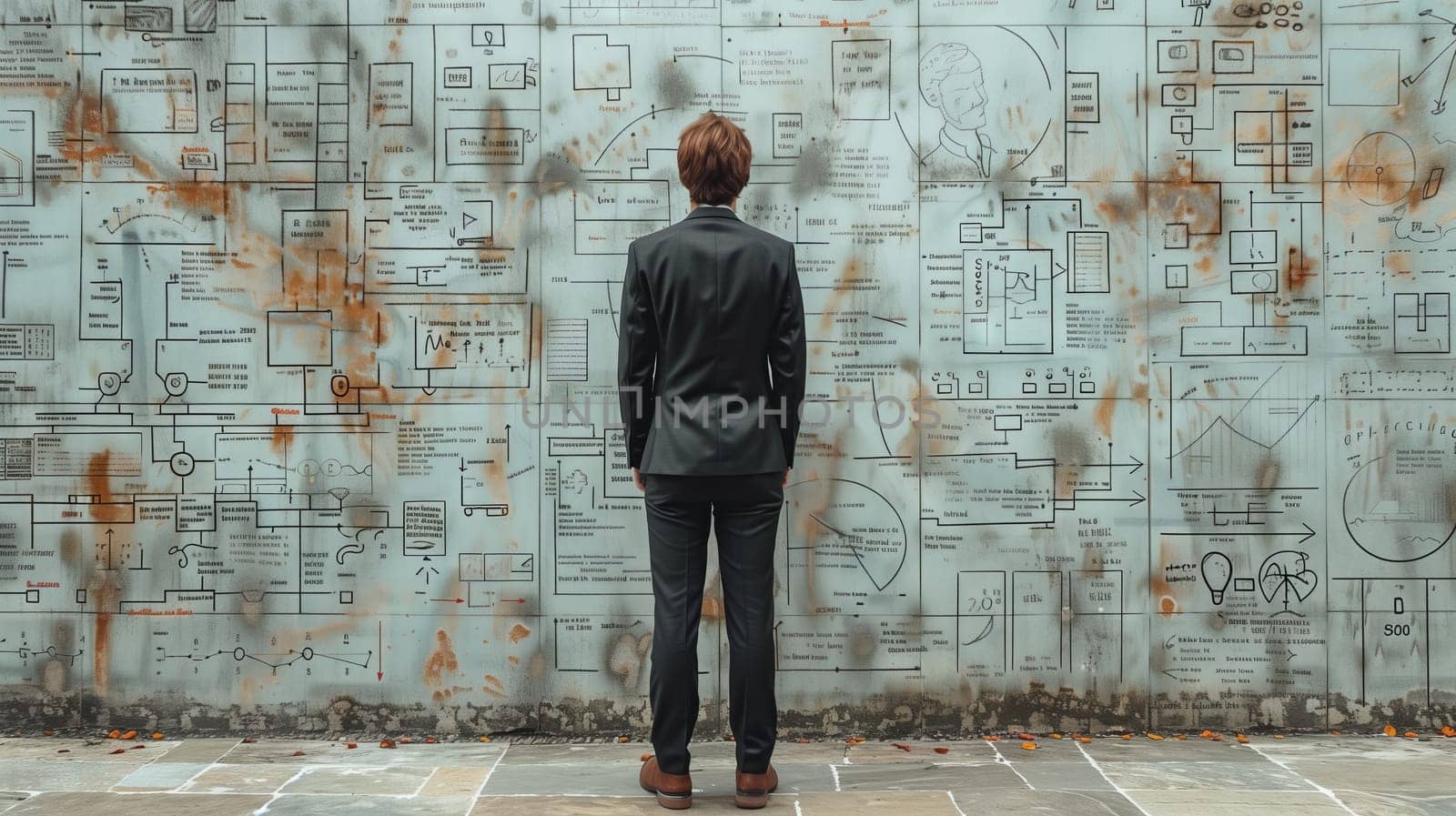A man in a suit is gesturing in front of a graffiticovered brick wall, with various font styles and art. The shadow on the cobblestone road surface adds depth to the scene