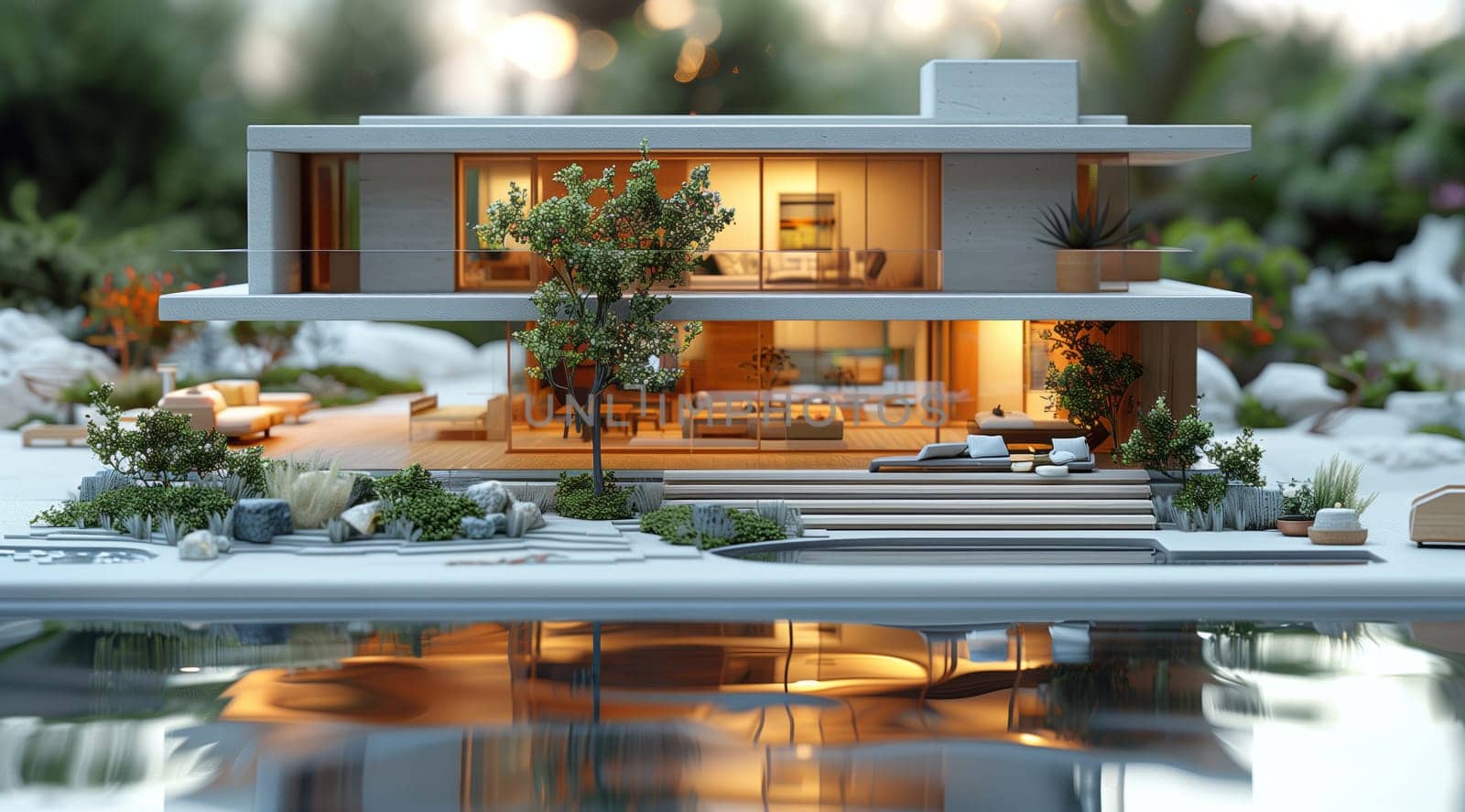 Modern house model on water, surrounded by trees and natural landscape by richwolf