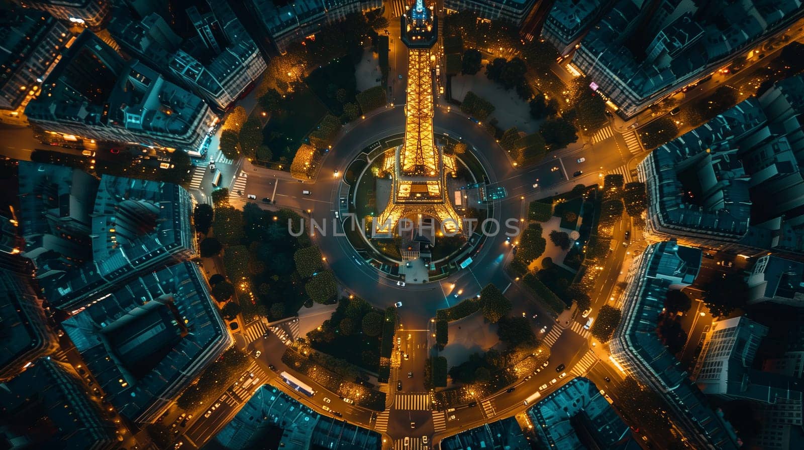 Electric blue circles illuminate the Eiffel Tower, creating a symmetrical pattern against the darkness of the night. A work of art in the city skyline